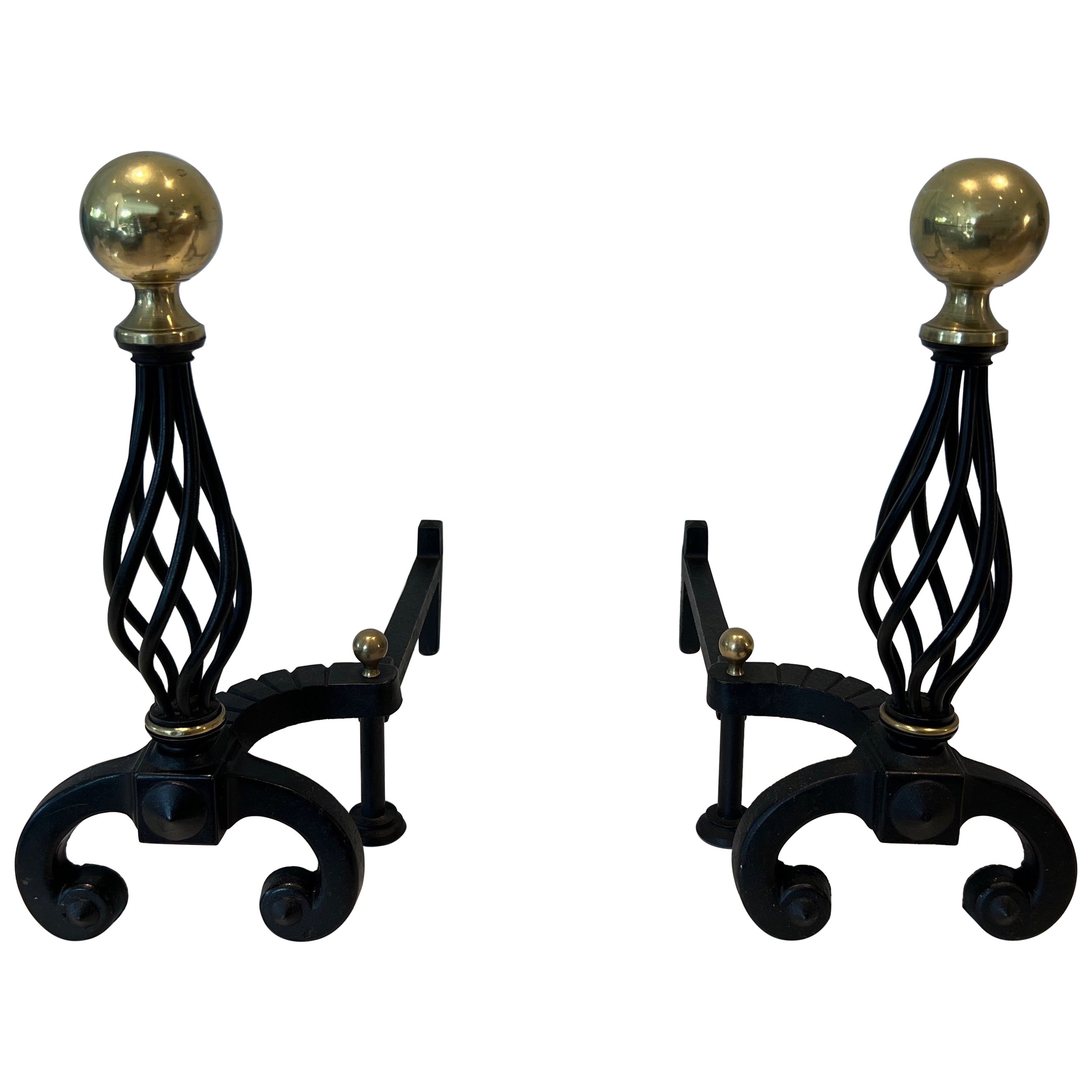 Pair of Wrought Iron and Brass Andirons For Sale