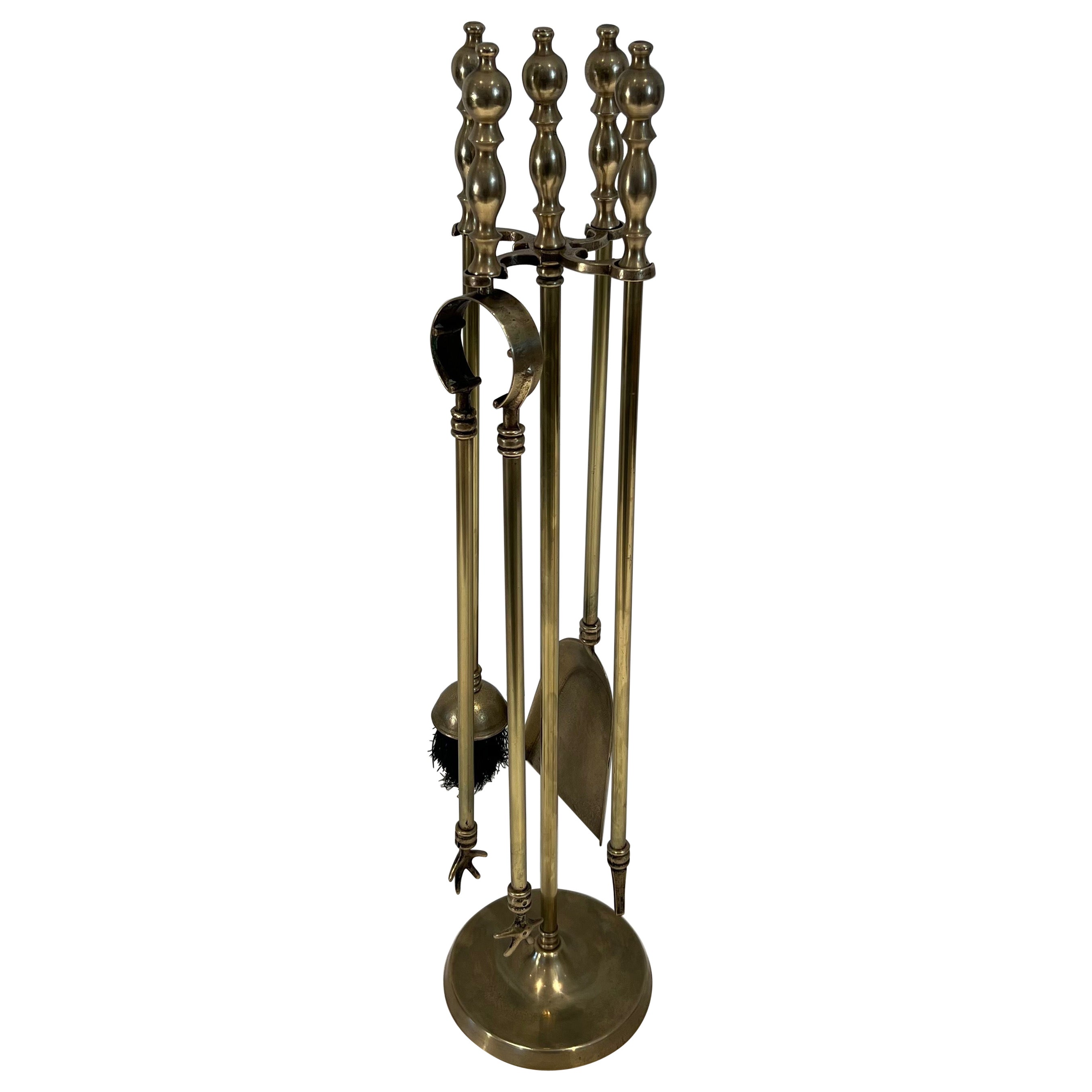 Neoclassical Style Brass Fireplace Tools on Stand For Sale