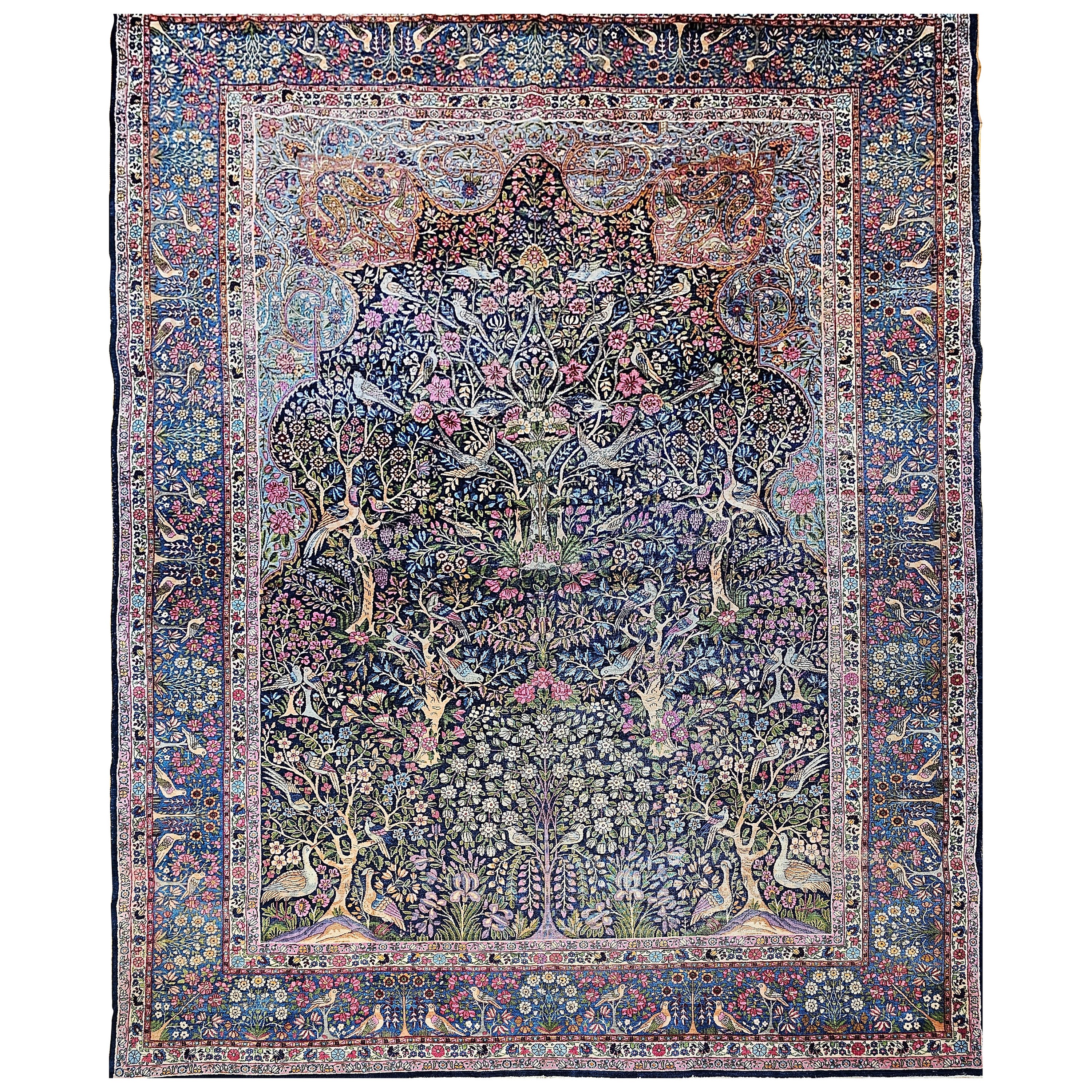 Vintage Persian Kerman Lavar “Tree of Life” in Navy, Turquoise, Lavender, Green For Sale