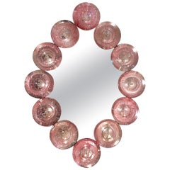 Contemporary Italian Custom Blush Pink Murano Glass Disc Modern Oval Mirror (Miroir ovale contemporain en verre de Murano)