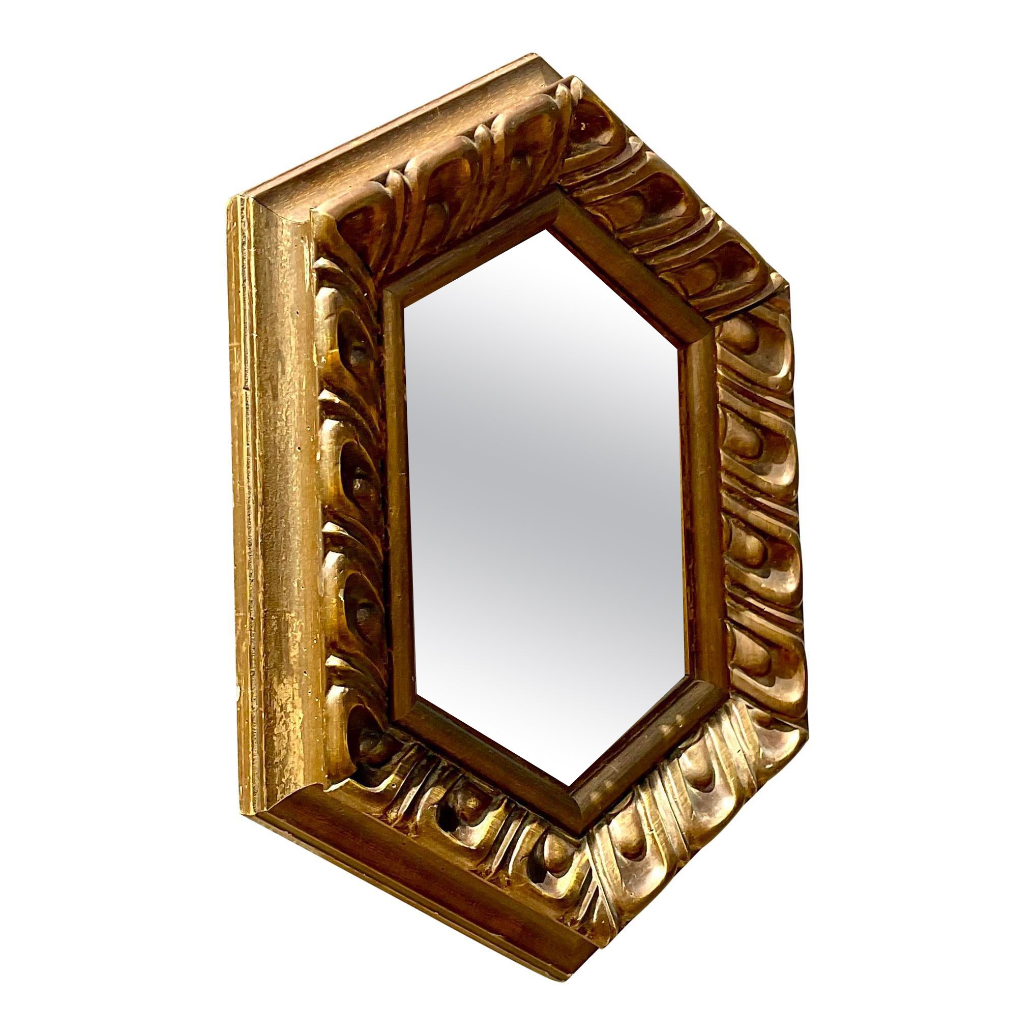 Vintage Regency Hand Carved Gilt Hexagon Mirror For Sale