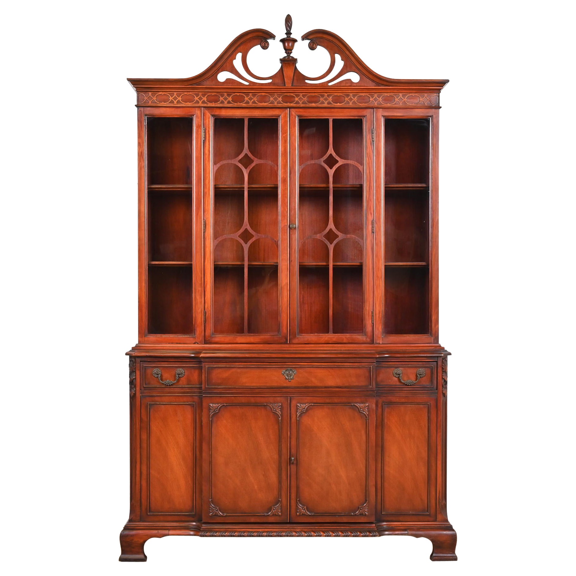 Bernhardt Georgian Carved Mahogany Breakfront Bookcase Cabinet