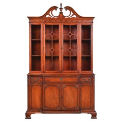 Vintage Bernhardt Georgian Carved Mahogany Breakfront Bookcase Cabinet