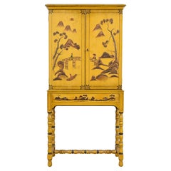 Chinoiserie Jacobean Yellow Lacquered Hand Painted Bookcase or Bar Cabinet