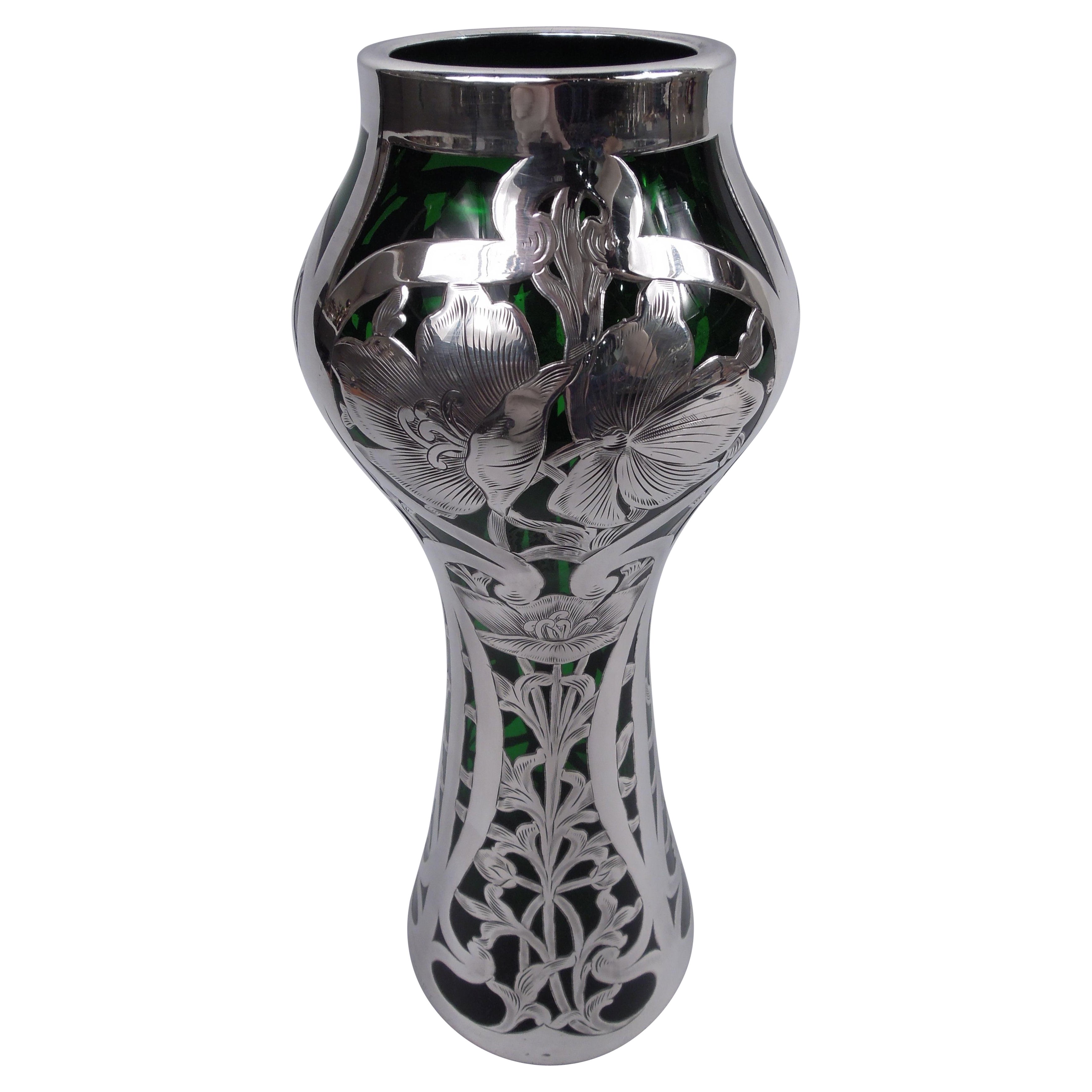 Antique Alvin Art Nouveau Green Silver Overlay Vase For Sale