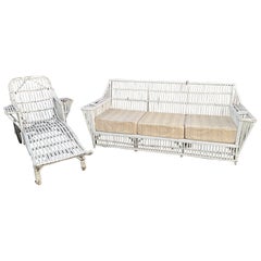 Vintage 1940s Rattan Couch And Chaise Lounge