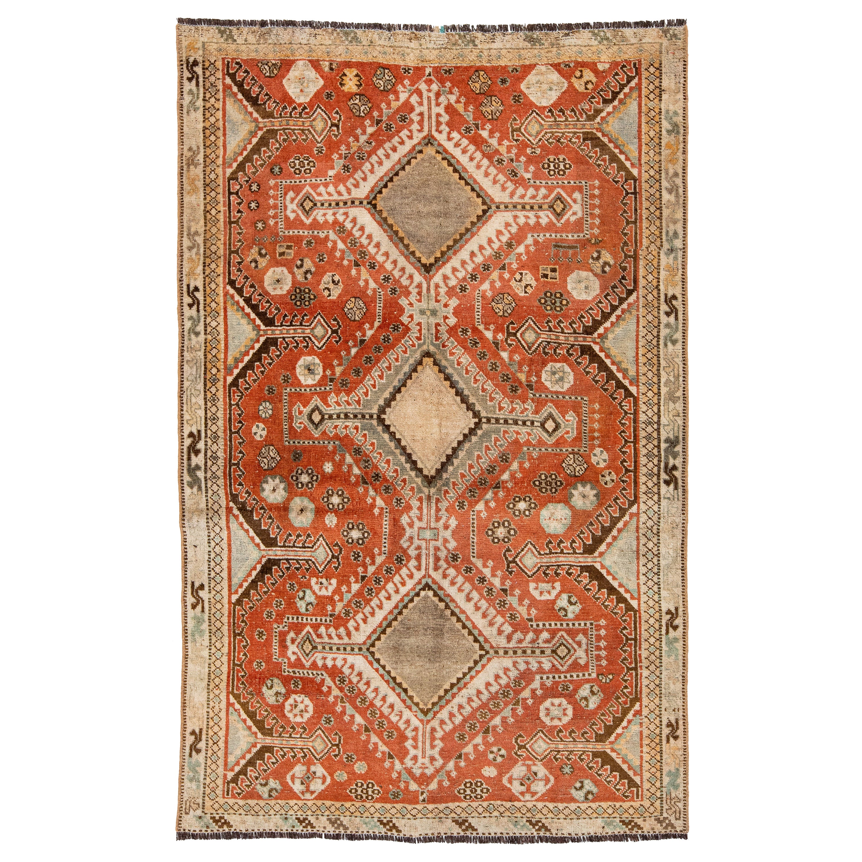 Ancien tapis persan Shiraz en laine orange rouille avec motif tribal