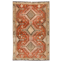 Antique Persian Shiraz Rust- Orange Wool Rug With Tribal Design