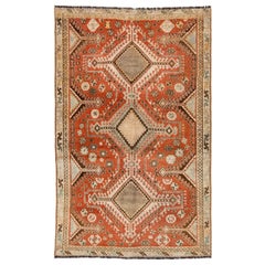 Antique Persian Shiraz Rust- Orange Wool Rug With Tribal Design