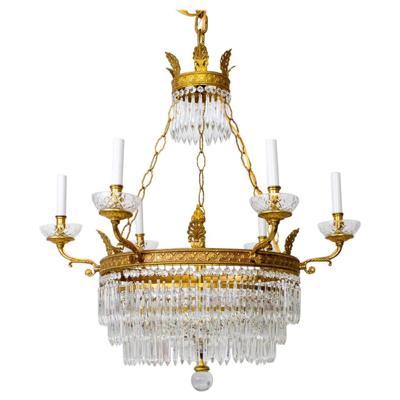 Six Arm Brass and Crystal Empire style Chandelier