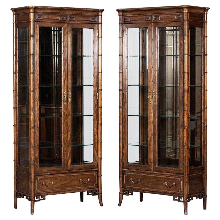 Walnut Faux Bamboo Glazed Display Cabinet For Sale