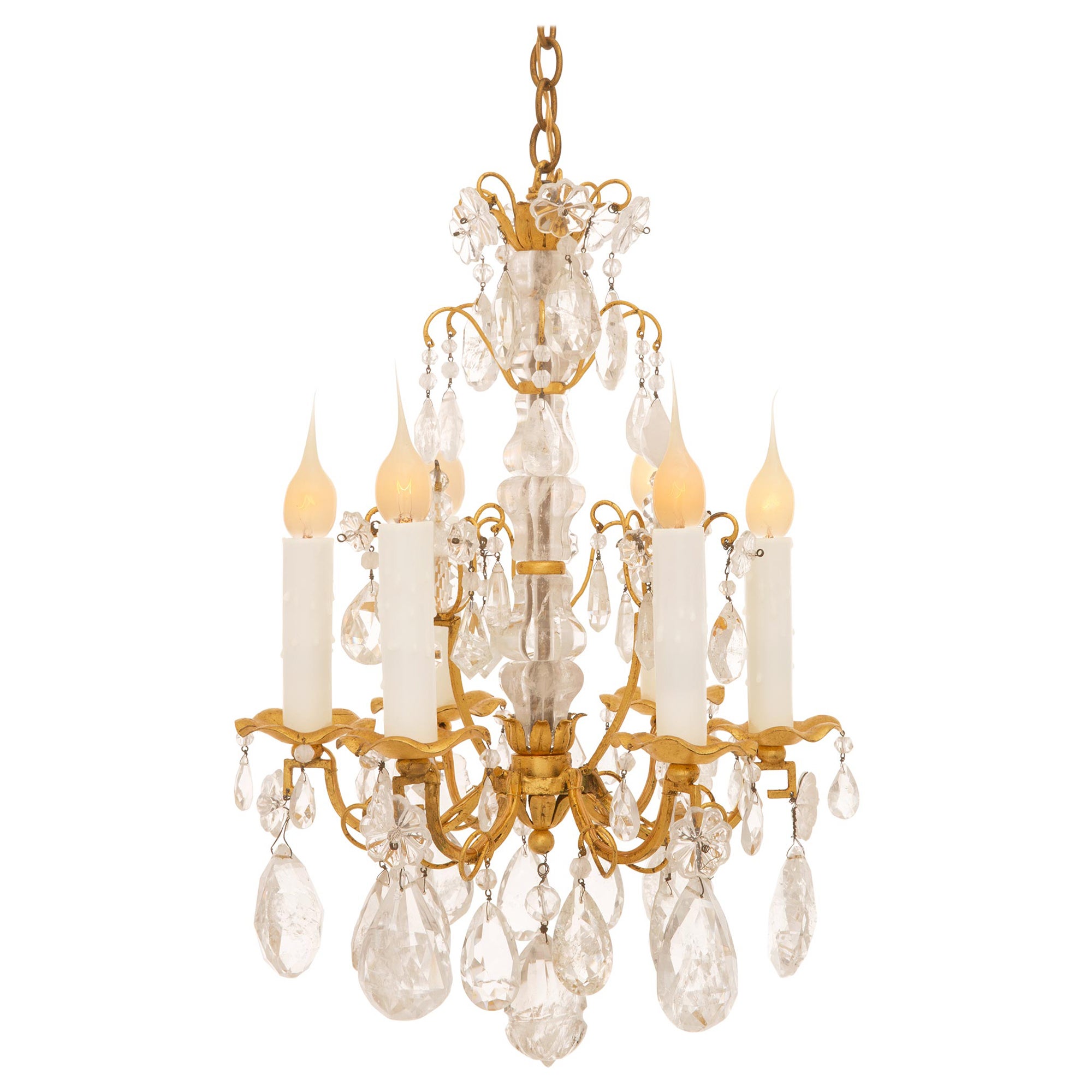 Italian Early 19th Century Louis XVI St. Gilt Metal And Rock Crystal Chandelier For Sale