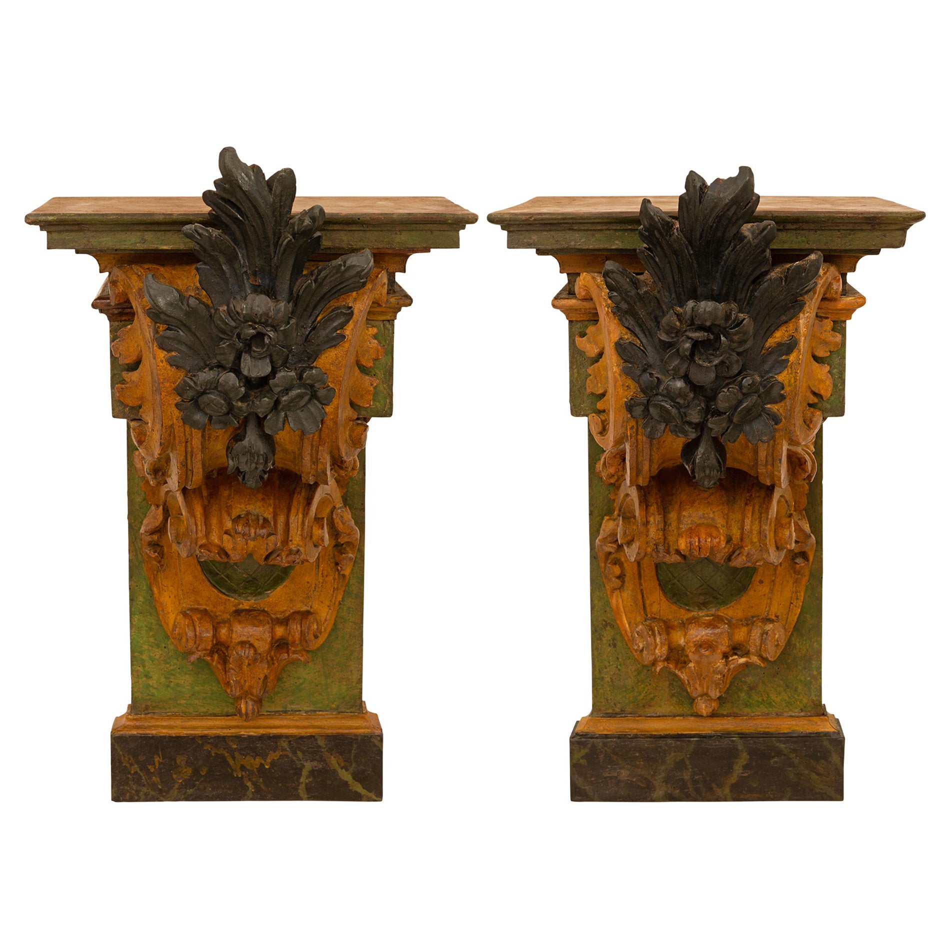 Pair Of Italian 18th Century Baroque St. Patinated Wood &Giltwood Wall Brackets For Sale