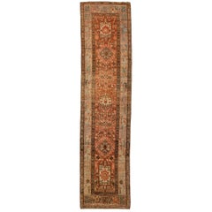 Rust Antique Handmade Heriz Wool Runner With Tribal Design