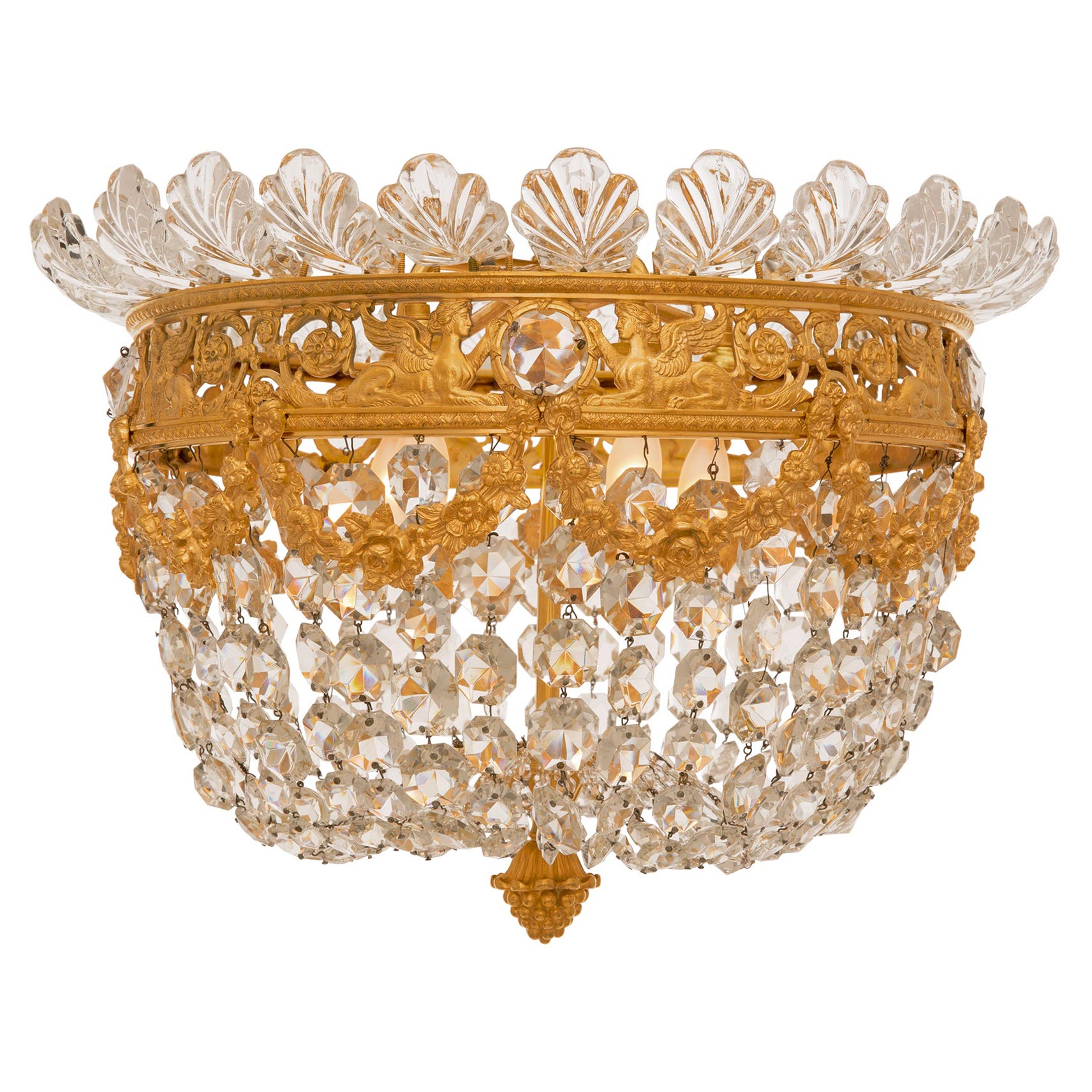 French 19th Century Louis XVI St. Ormolu And Crystal Plafonnier Chandelier For Sale