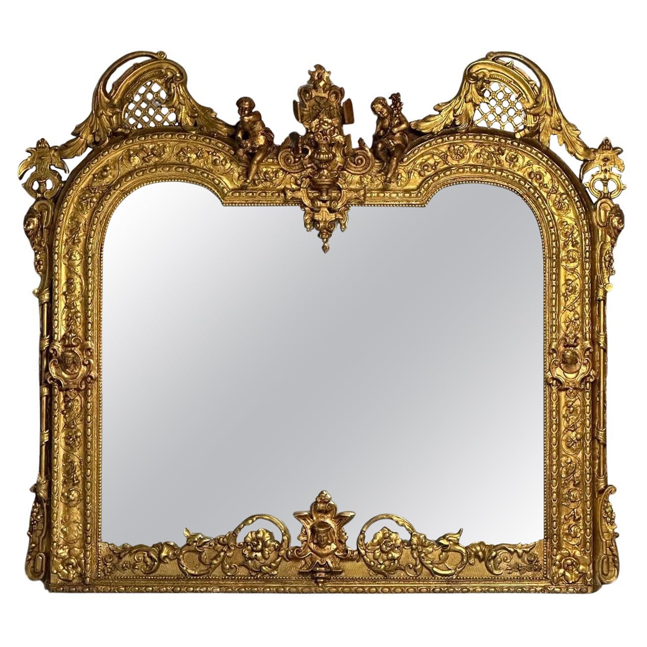Italian Designer, Renaissance, Large Wall Mirror, Oil Gilded, Carved Wood, 1890s For Sale