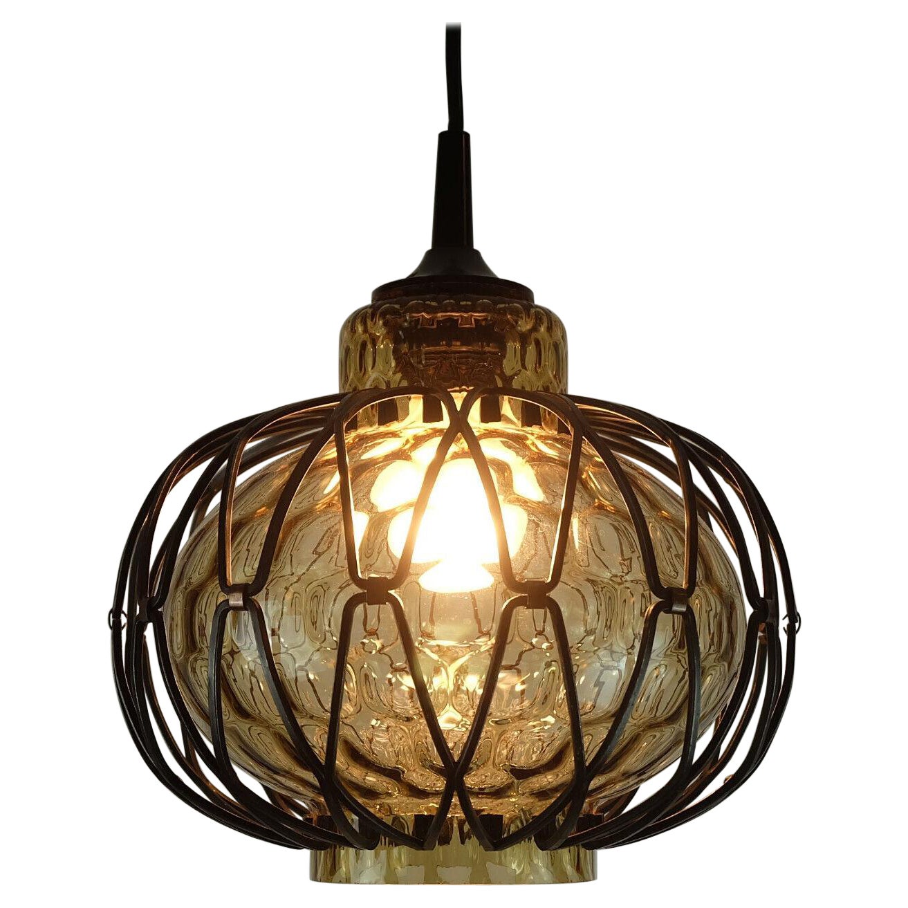 1960's mid century smoked glass PENDANT LIGHT with metal frame  For Sale