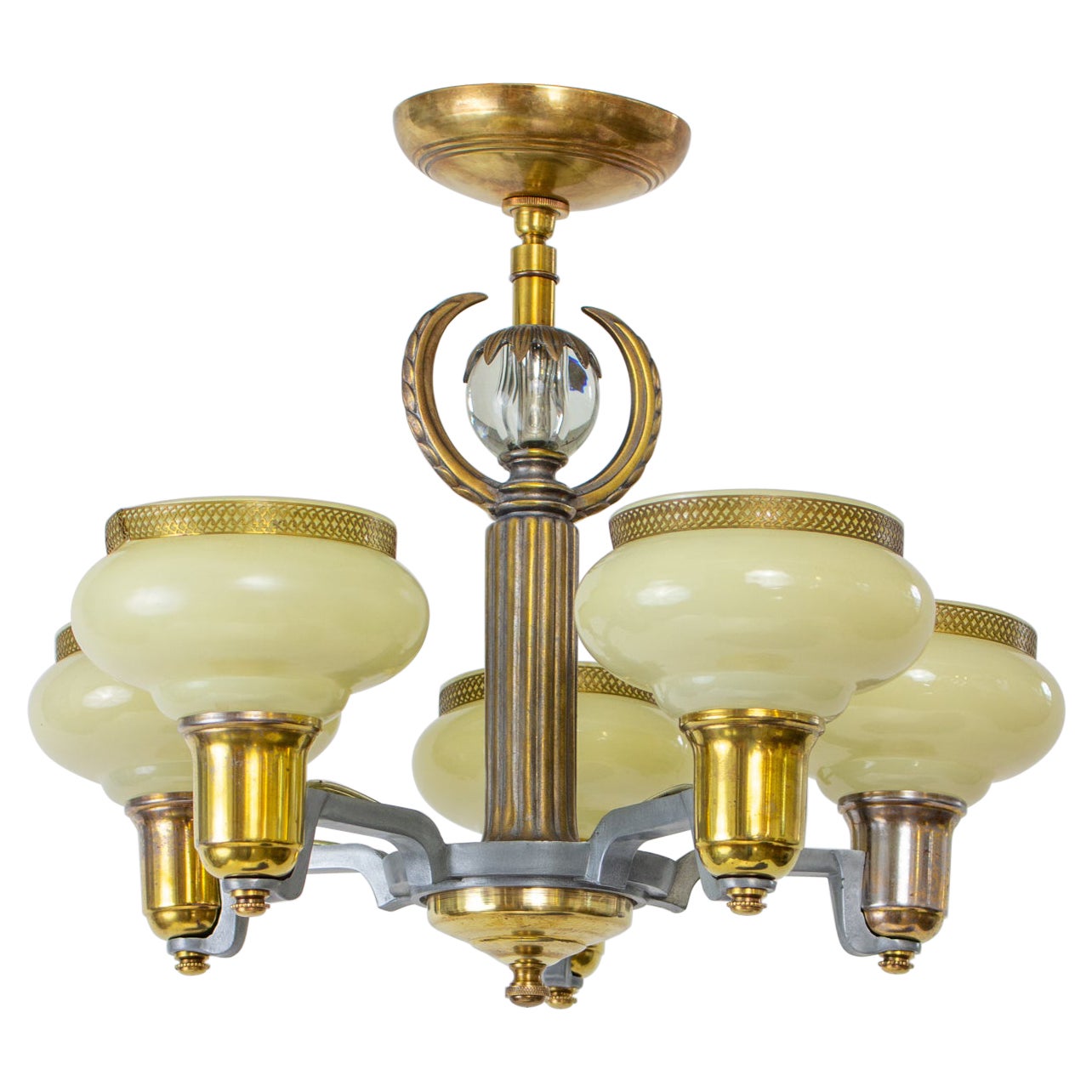 Five light Art Deco Custard Glass Chandelier For Sale