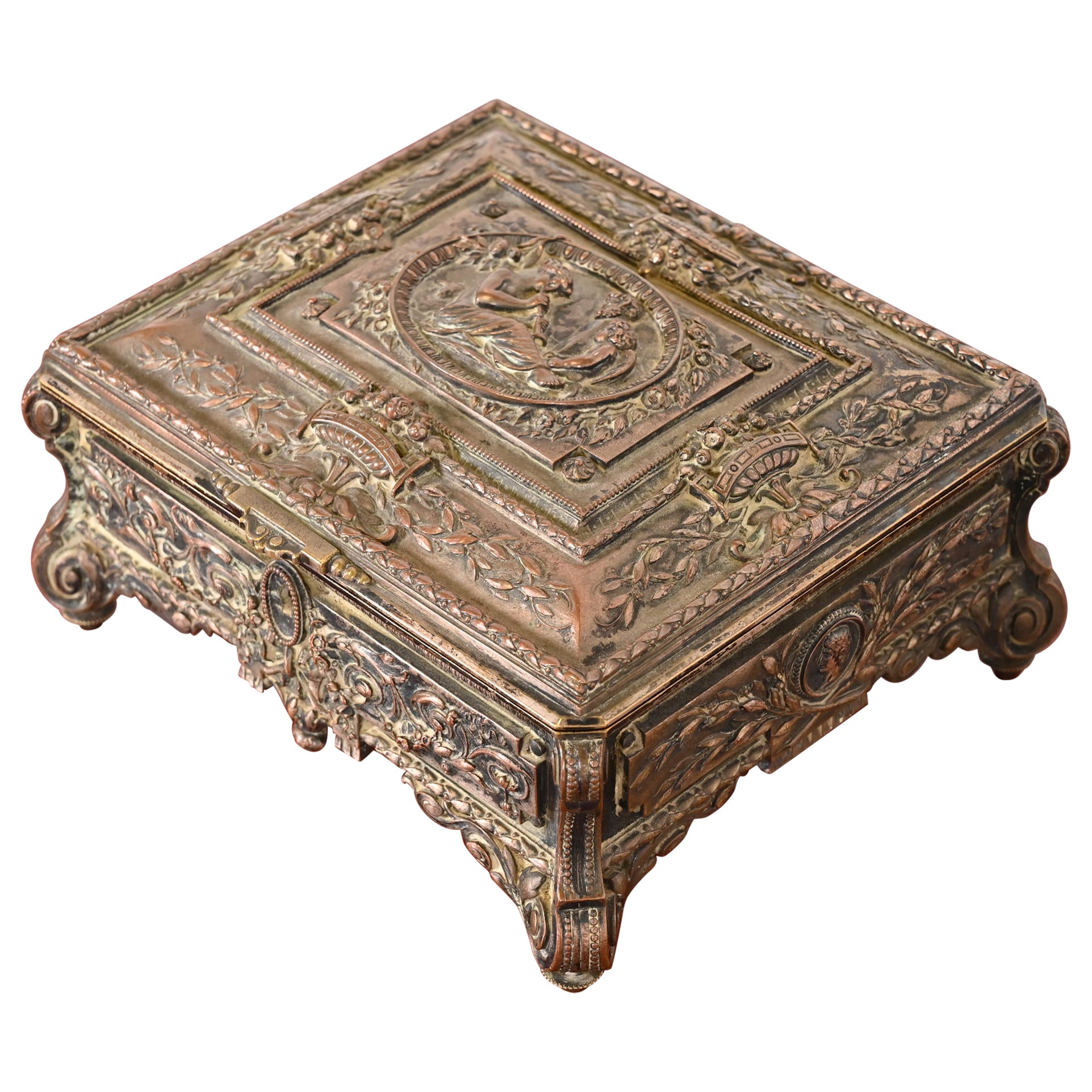 Antique French Repousse Silver Jewelry Box For Sale