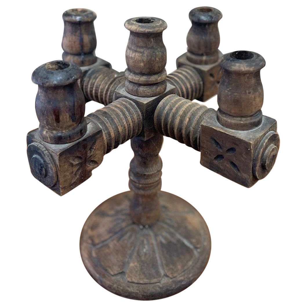 Vintage Primitive Wood Carved Candelabra. Circa 1970s.