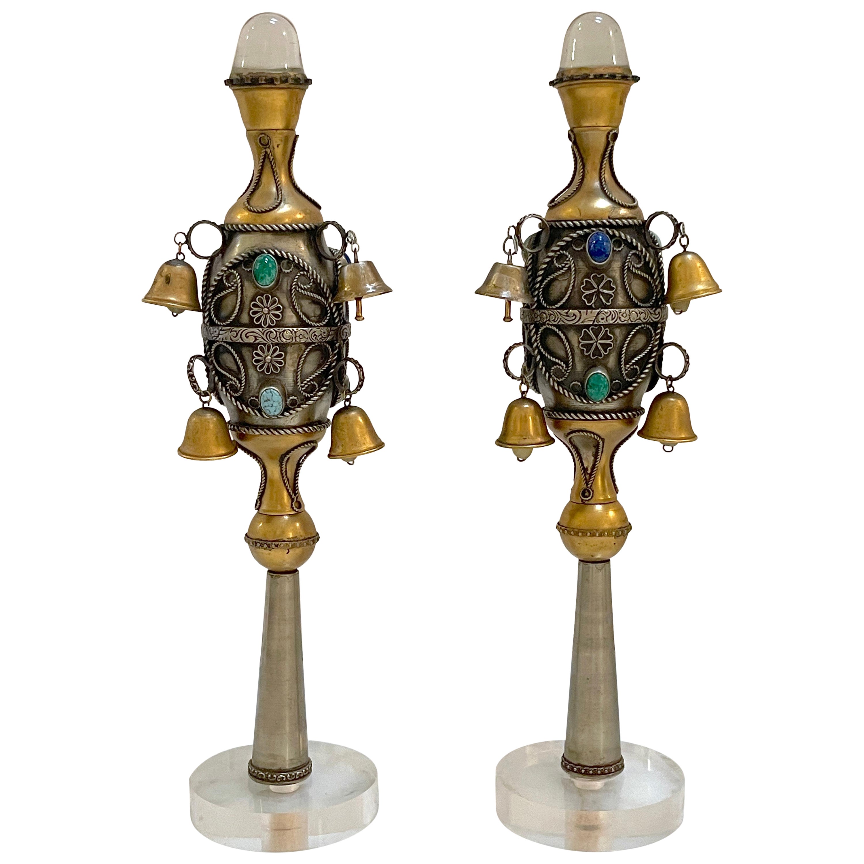 Pair Rock Crystal Gem Stone, Silver & Gilt 8 Bell Judaica Torah/ Rimonim Finials For Sale