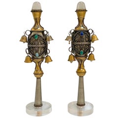 Coppia di gemme di cristallo di rocca, argento e dorato 8 campane Judaica Torah/ Rimonim Finials