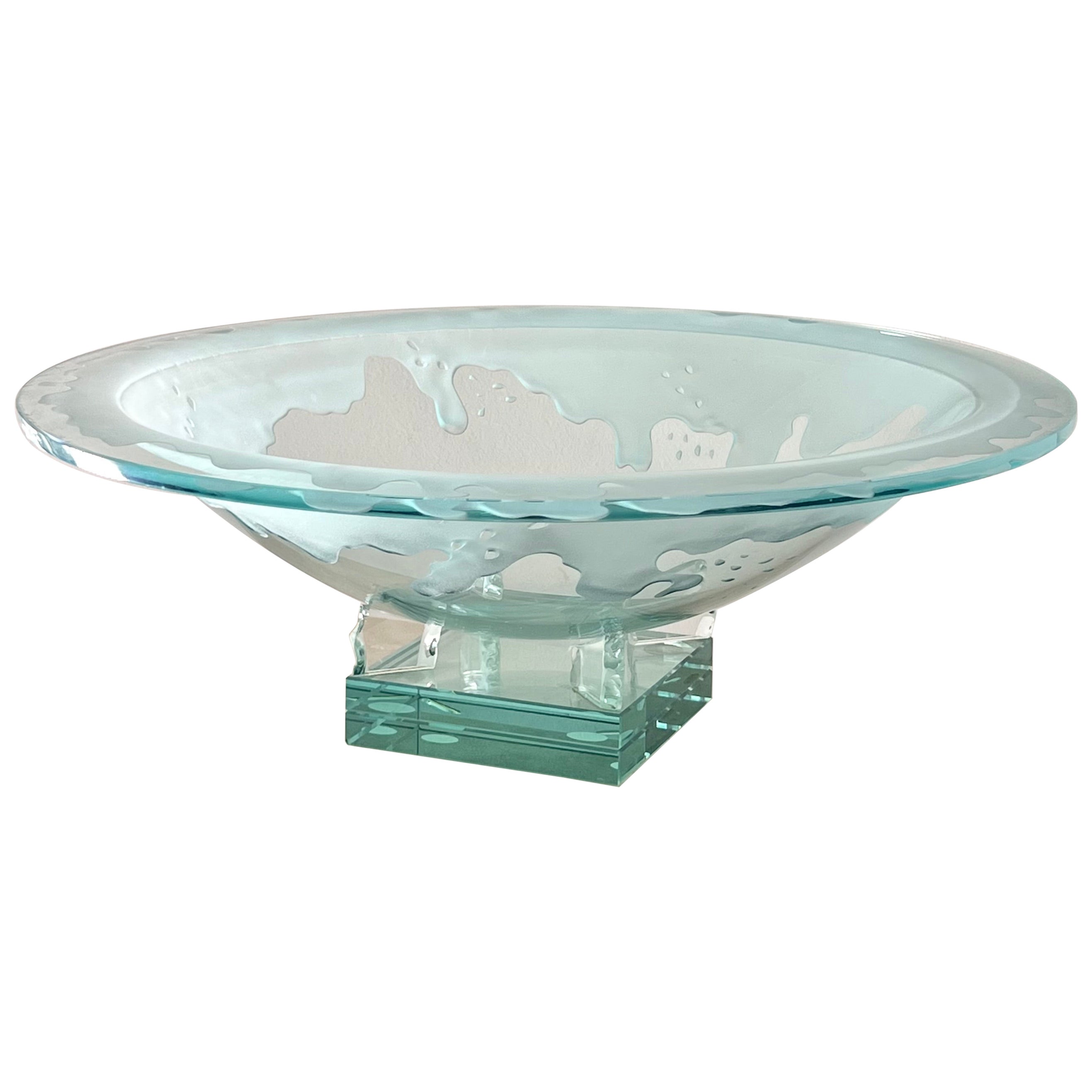 Monumental art glass platter with frosted motif, on plinth, late 20th century