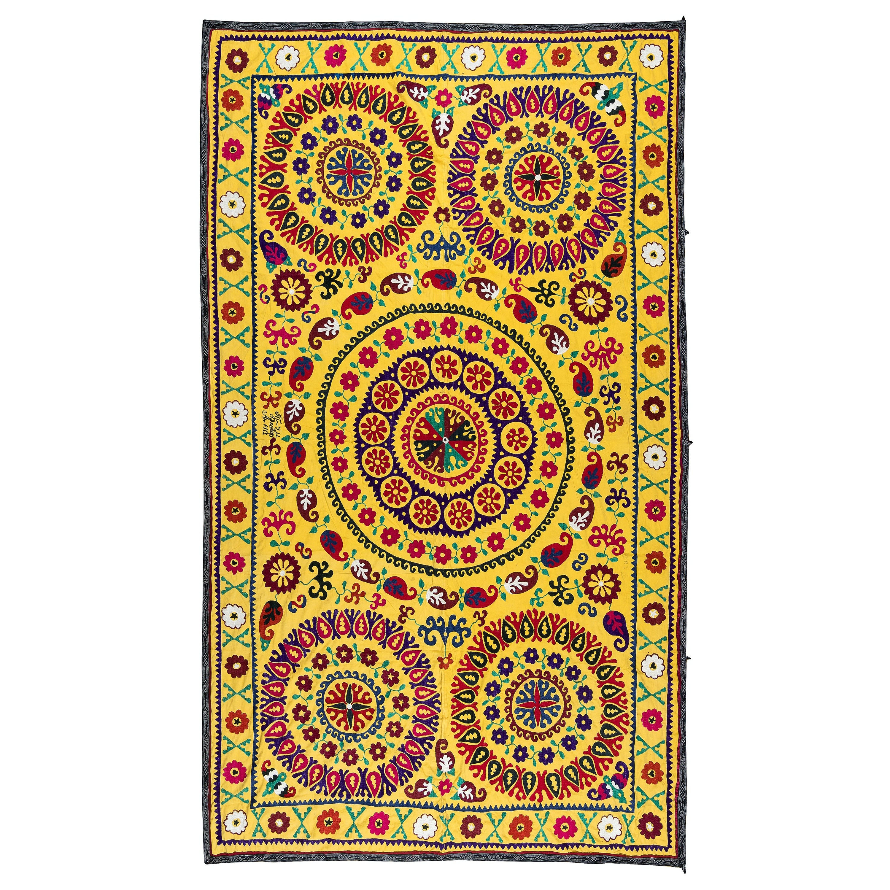 Copriletto con ricamo in seta 5.4x8.6 ft, tovaglia gialla, appendiabiti da parete Suzani