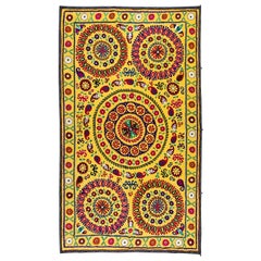 Retro 5.4x8.6 ft Silk Embroidery Bedspread, Yellow Tablecloth, Suzani Wall Hanging