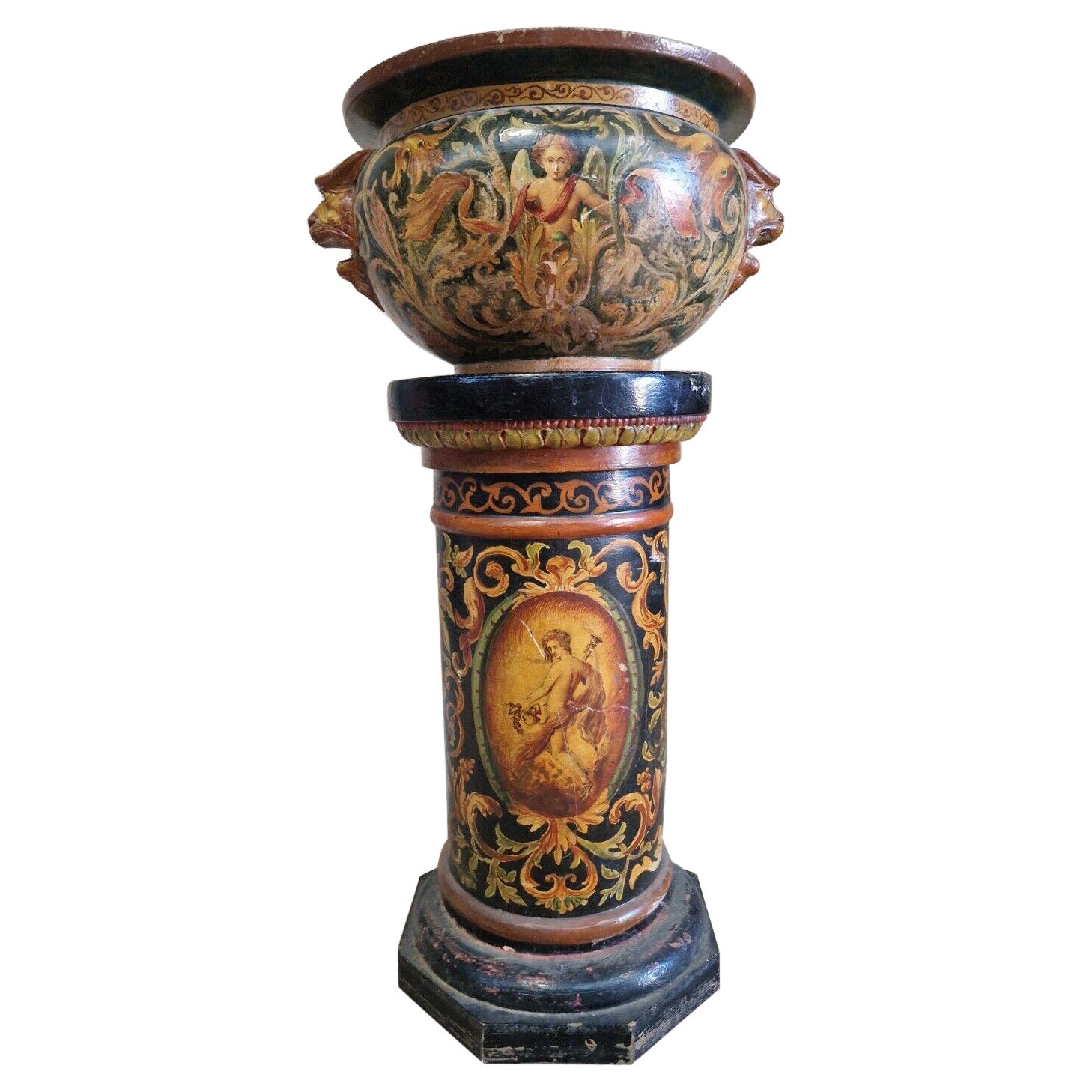 Antique Majolica Jardiniere Pot and Plinth 19th Century For Sale