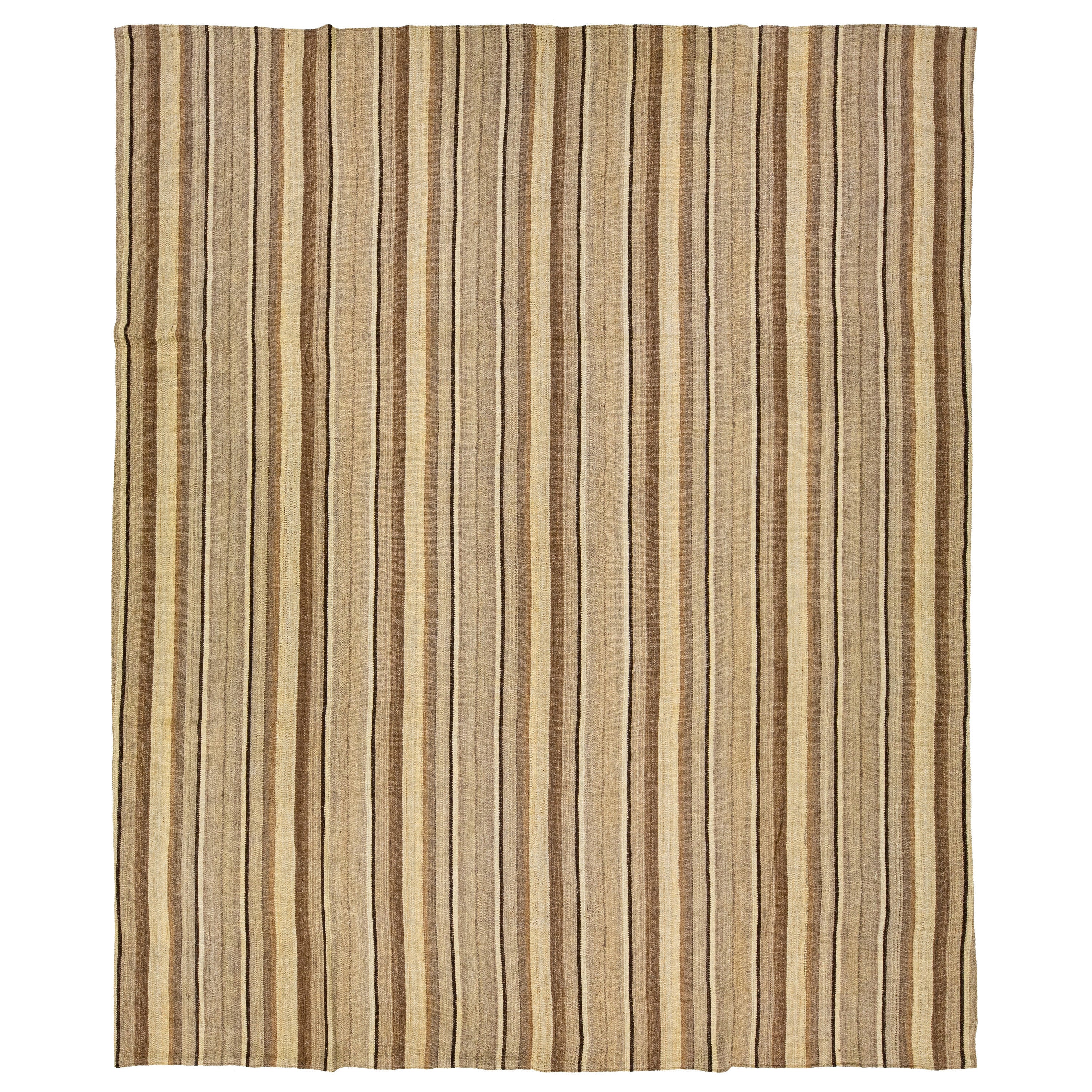 Modern kilim flatweave wool rug with beige and brown stripes For Sale