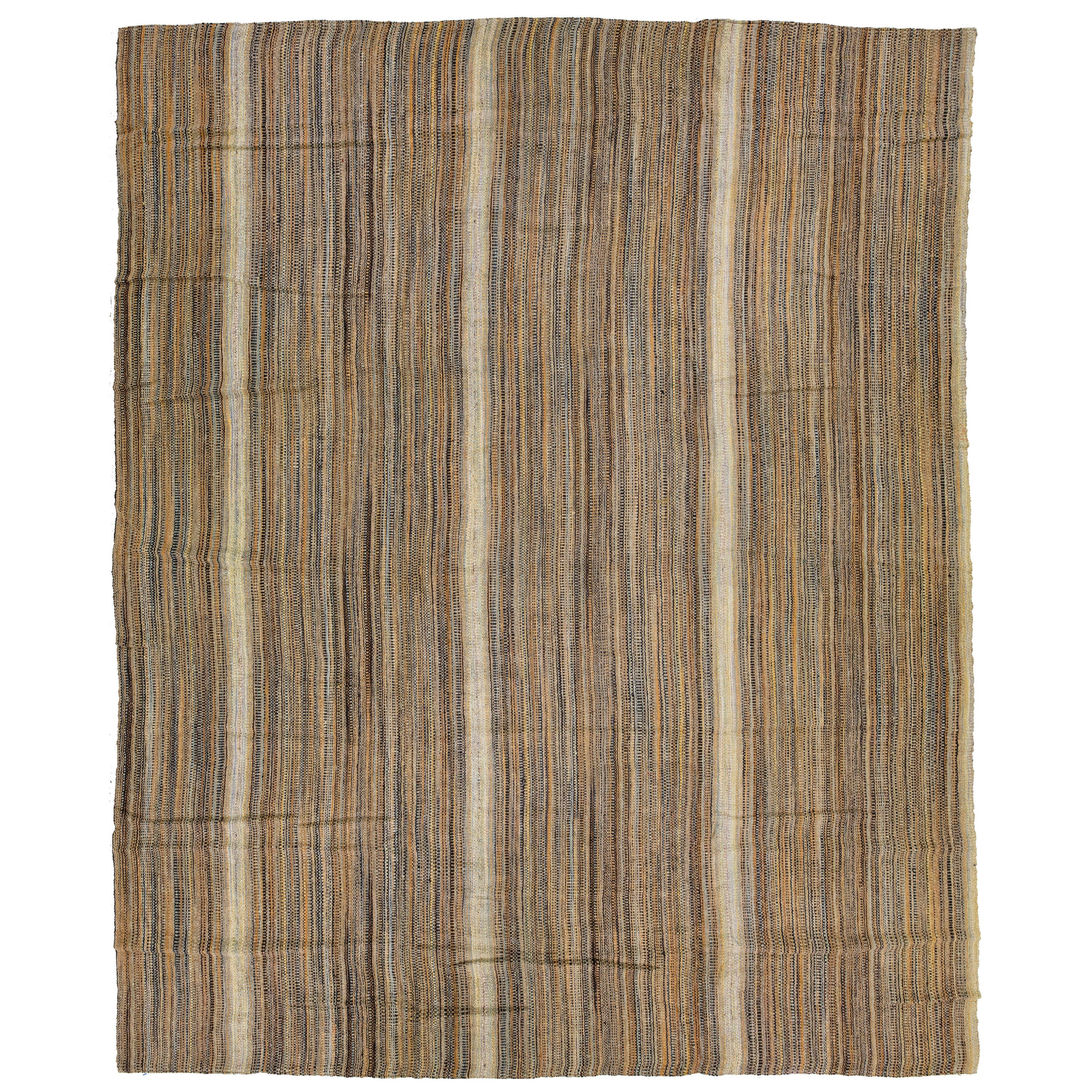 Modern kilim flatweave wool rug with Light Brown Stripes For Sale