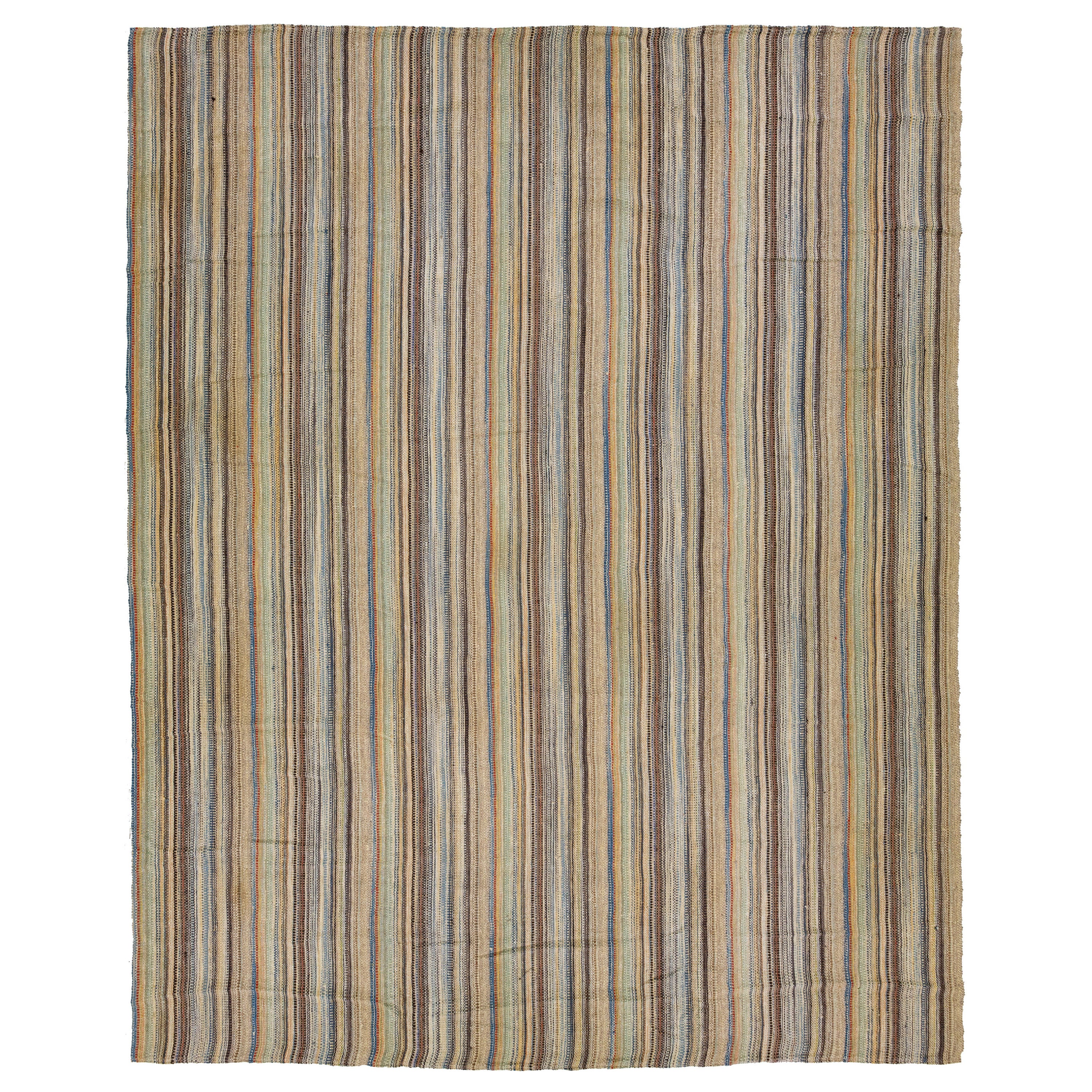 Modern kilim flatweave wool rug Handmade with Multicolor Stripes For Sale