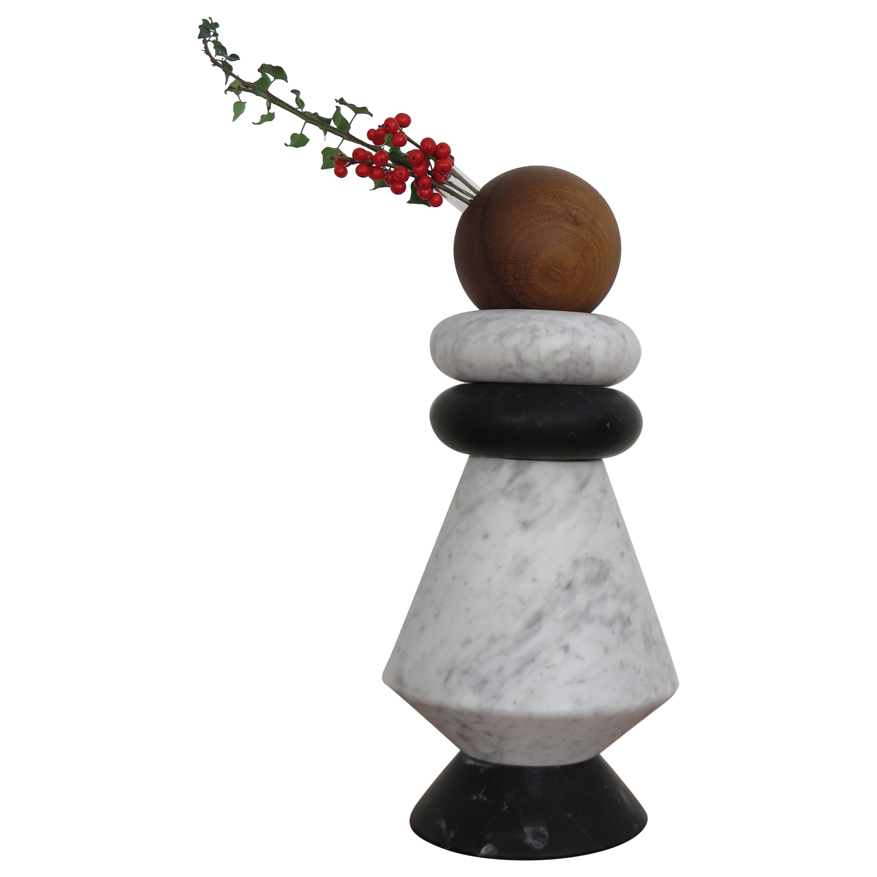 Zeitgenössische Skulptur aus Marmor und Holz, Blumenvase "iTotem"