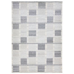 Room Size Modern Scandinavian Wool Rug Handmade with Geometric Pattern In Gray