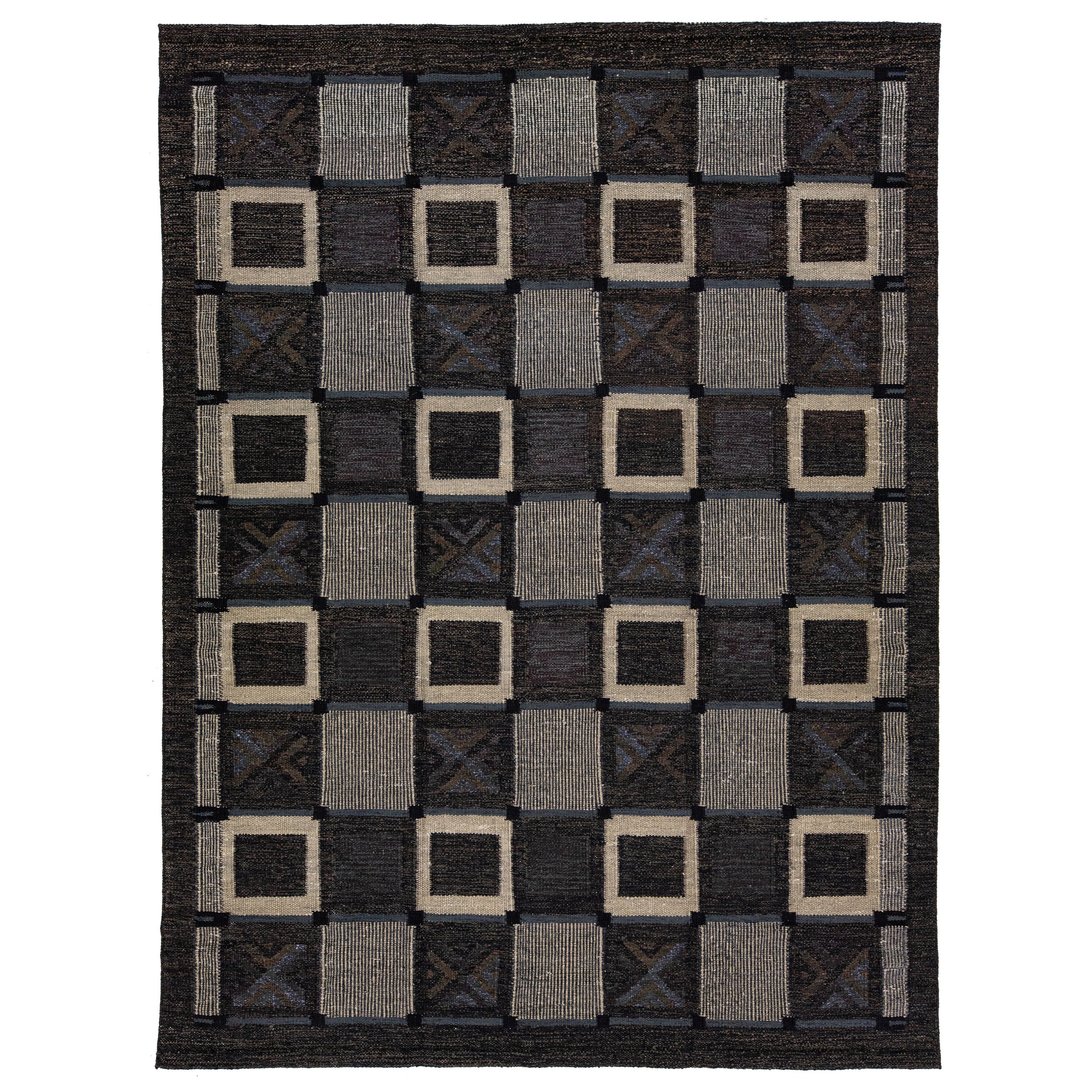 Charcoal Modern Swedish Style Room Size Wool Rug With Art Deco Motif For Sale