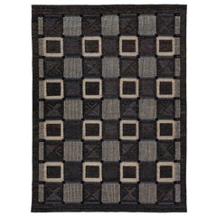 Charcoal Modern Swedish Style Room Size Wool Rug With Art Deco Motif