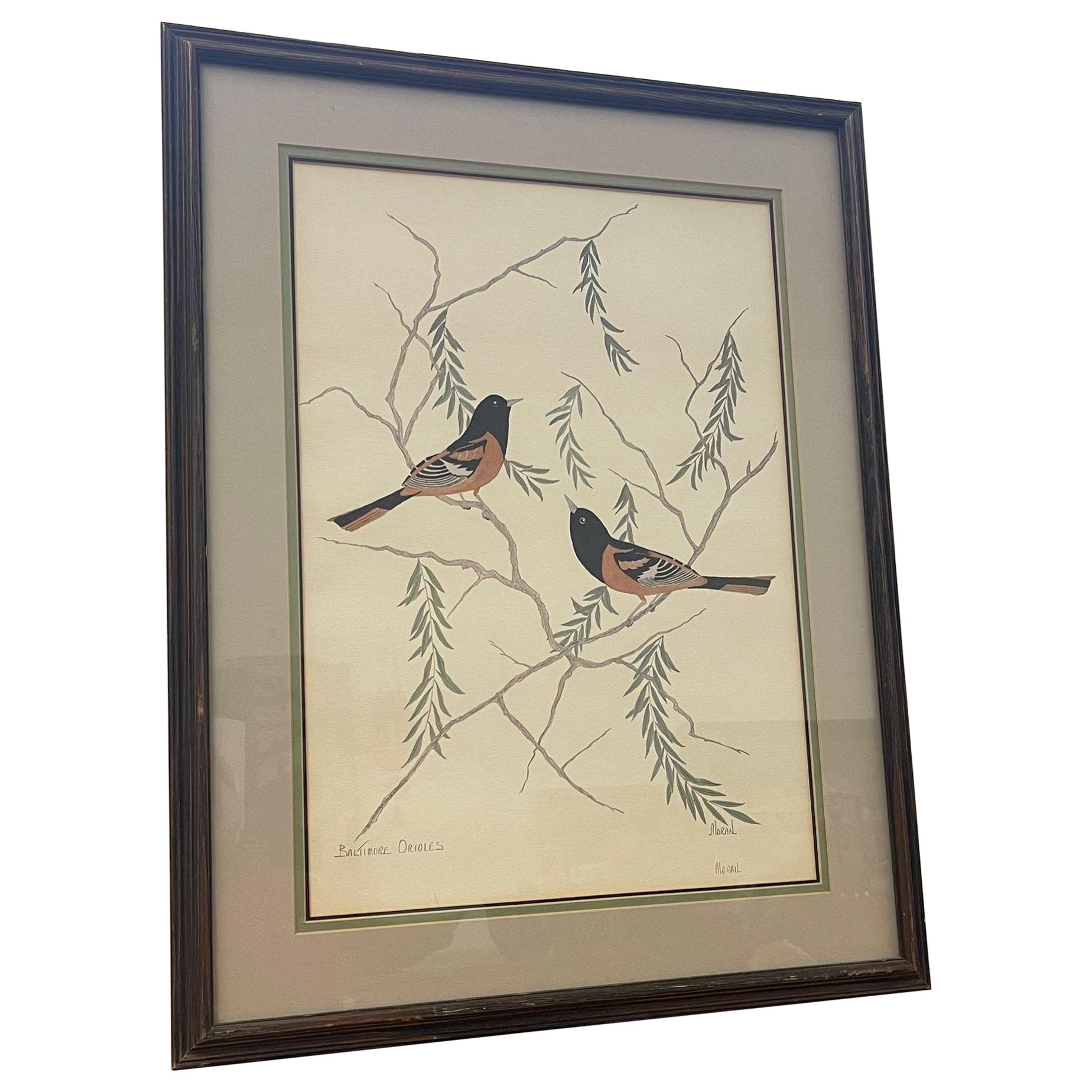 Vintage Signed and Framed Artwork of Two Baltimore Orioles. For Sale