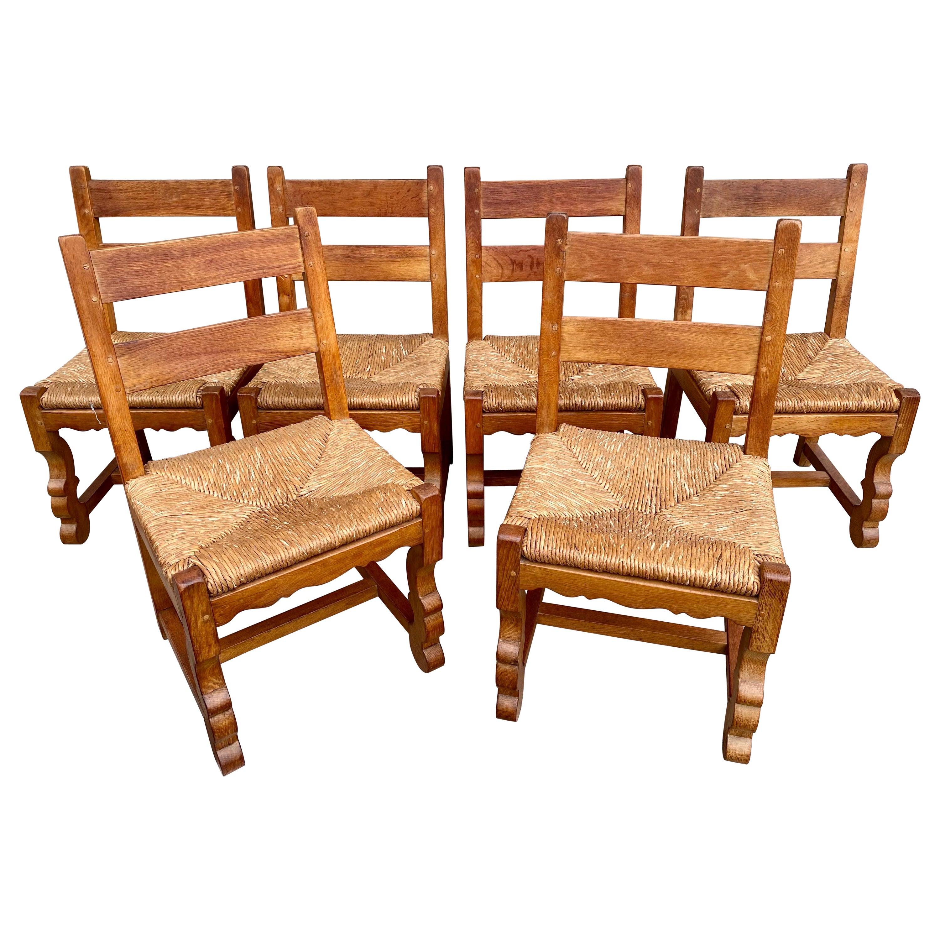 Set of 6 Brutalist Oak and Rush Dining Chairs, Circa 1960s, France