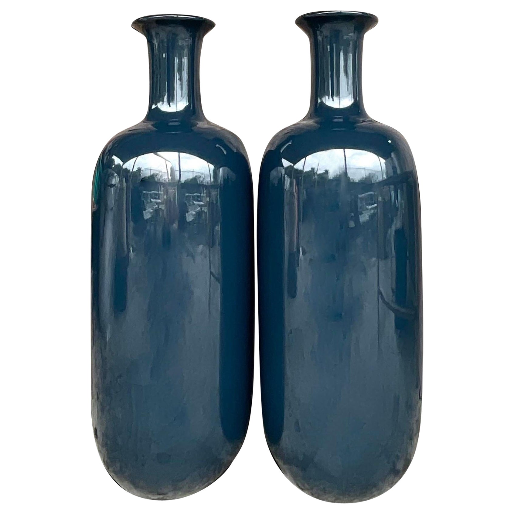 Vintage Coastal Lacquered Bamboo Ming Floor Vases - a Pair