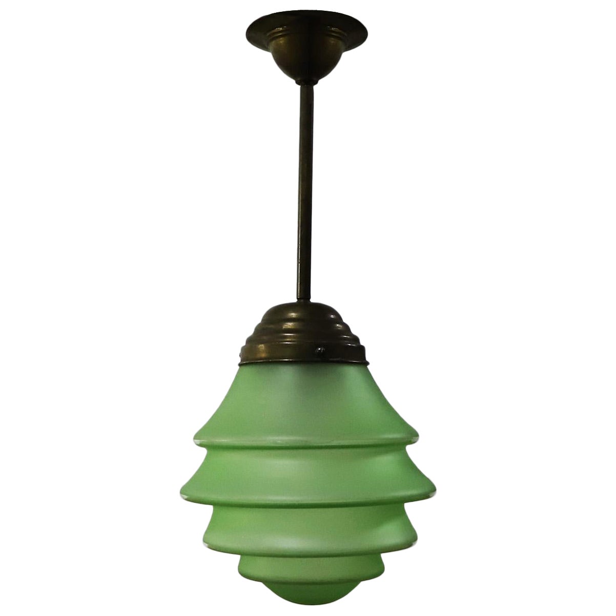 Art Deco Pendant Light in Rare Green Opal Glass and Brass.