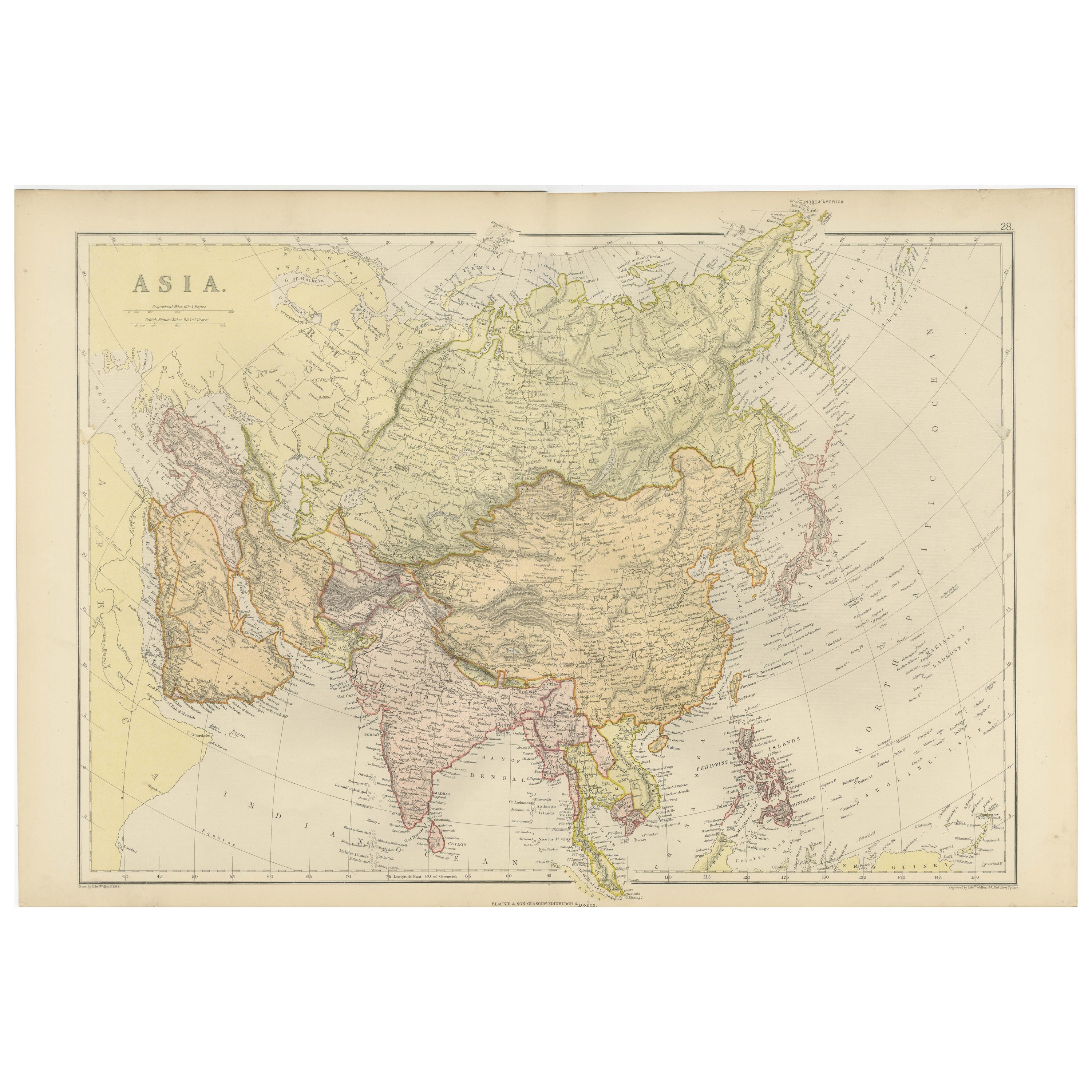 Historical Map Depicting the Continent of Asia, 1882 For Sale