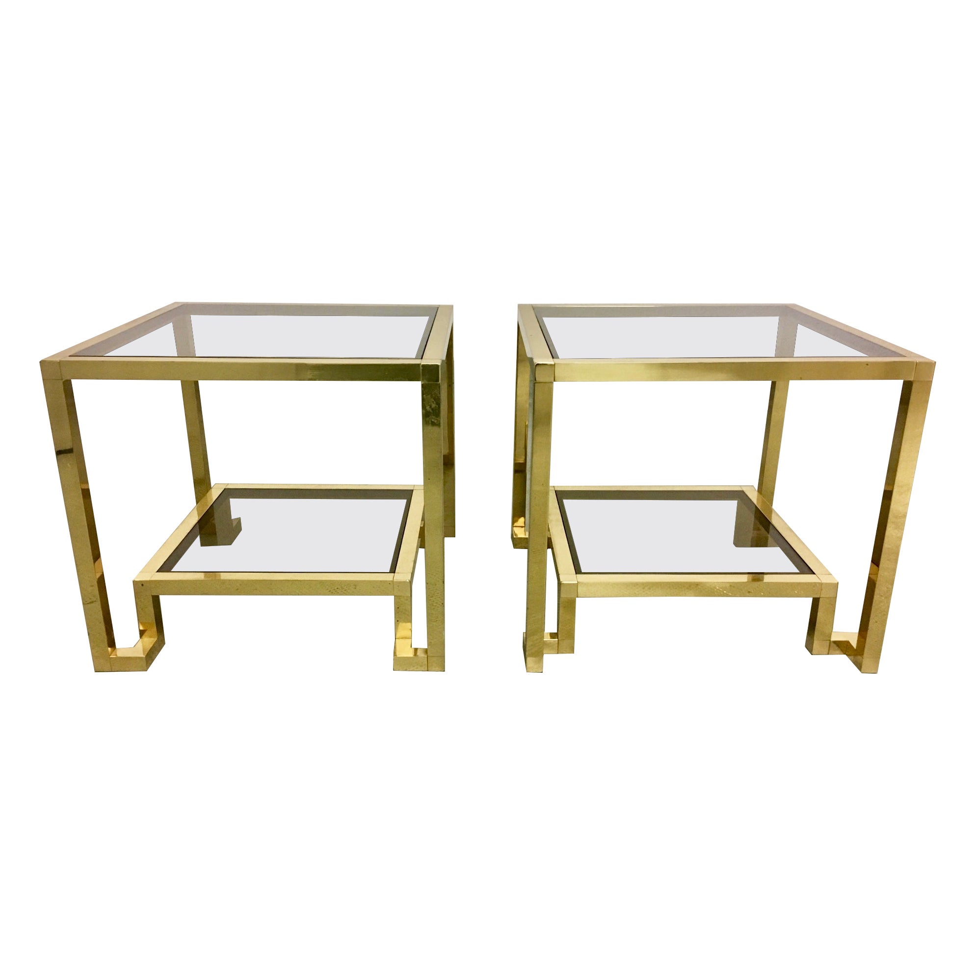 Pair of Brass & Glass Side Tables by Guy Lefèvre for Maison Jansen, France 1970s For Sale