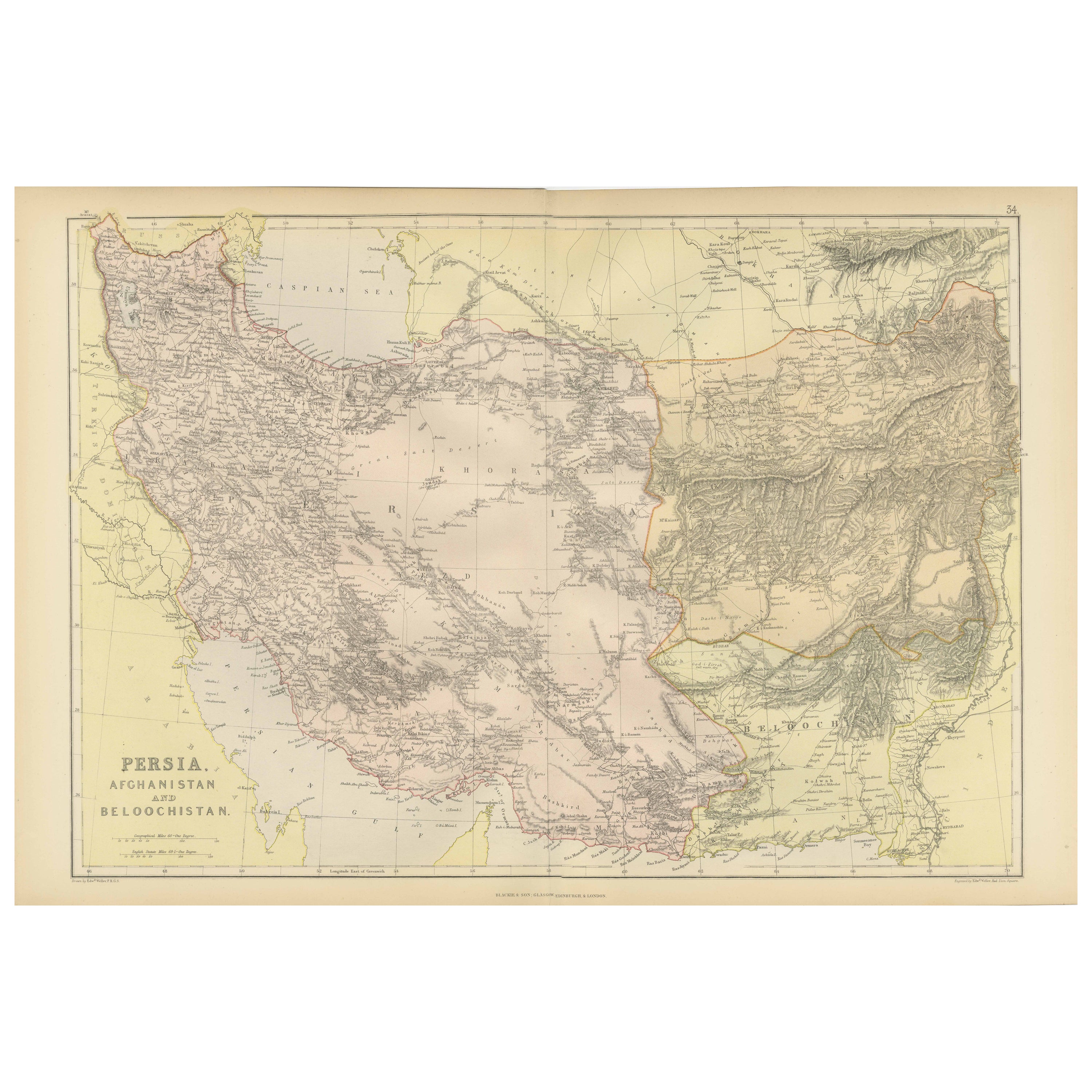 Oriental Realms: A Detailed Map of Persia, Afghanistan, and Beloochistan, 1882 For Sale