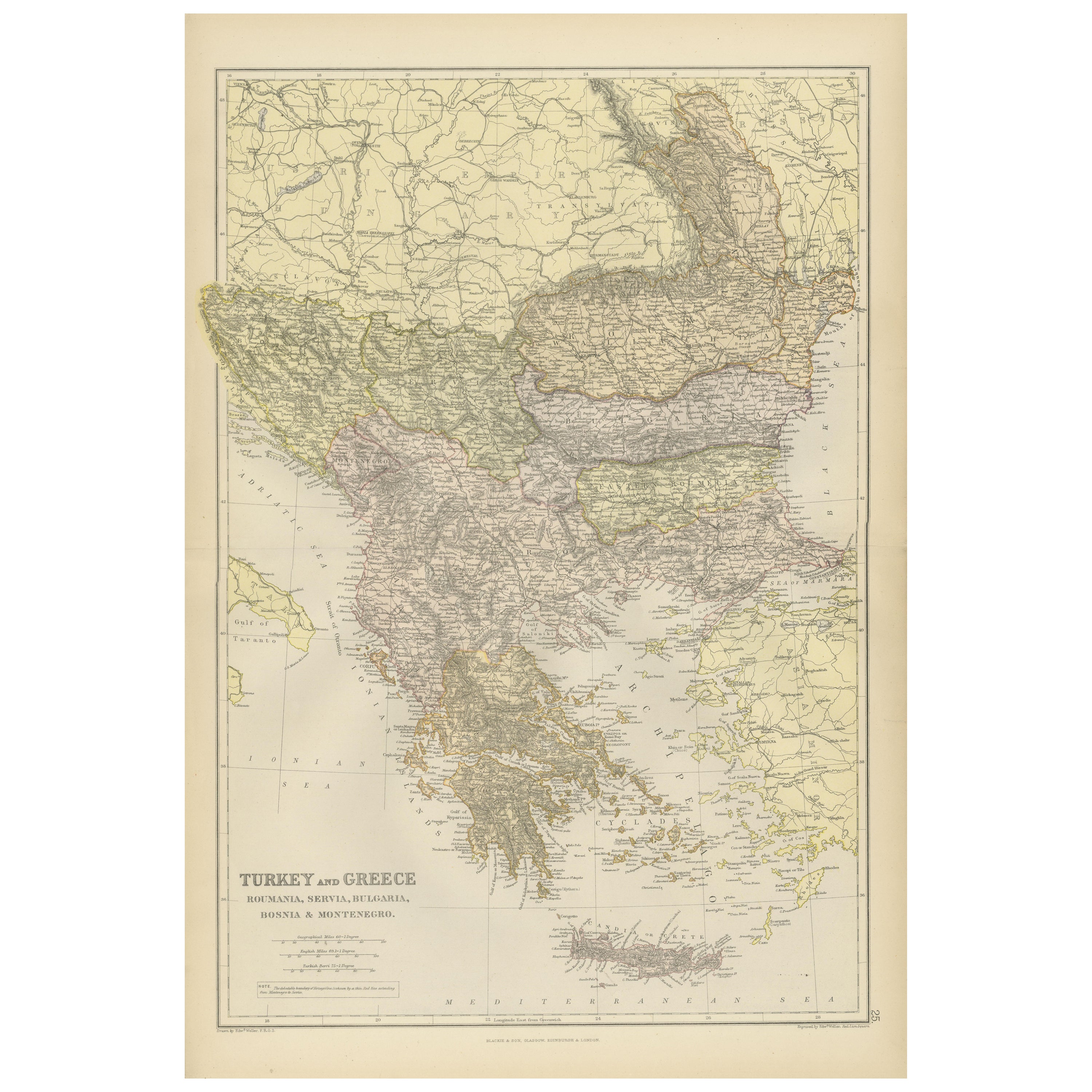 Balkan Convergence: A Map of Turkey and Greece with the Balkan States, 1882 For Sale