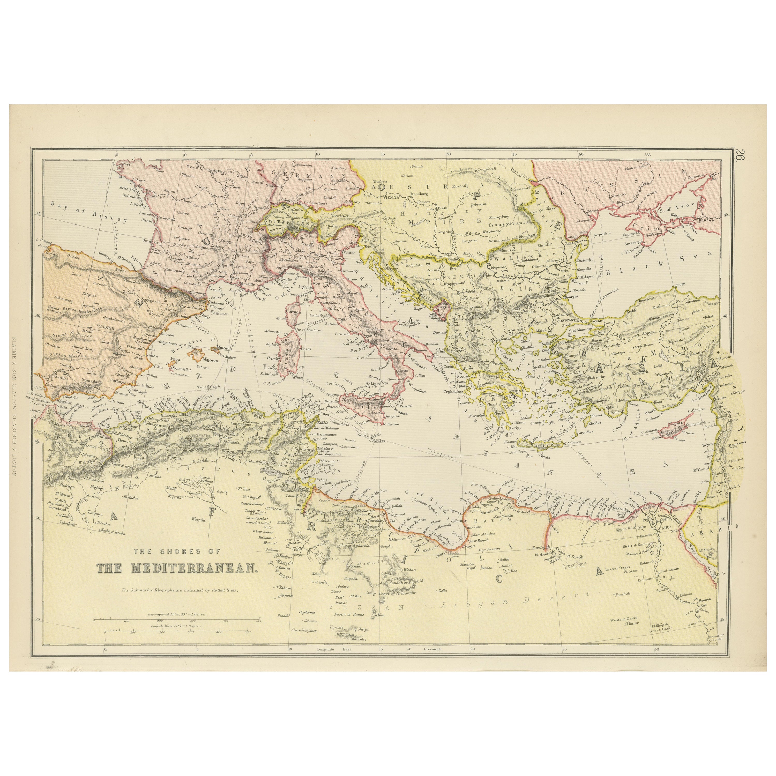 Mediterranean Tapestry: A 19th Century Map of the Mediterranean Shores, 1882 For Sale