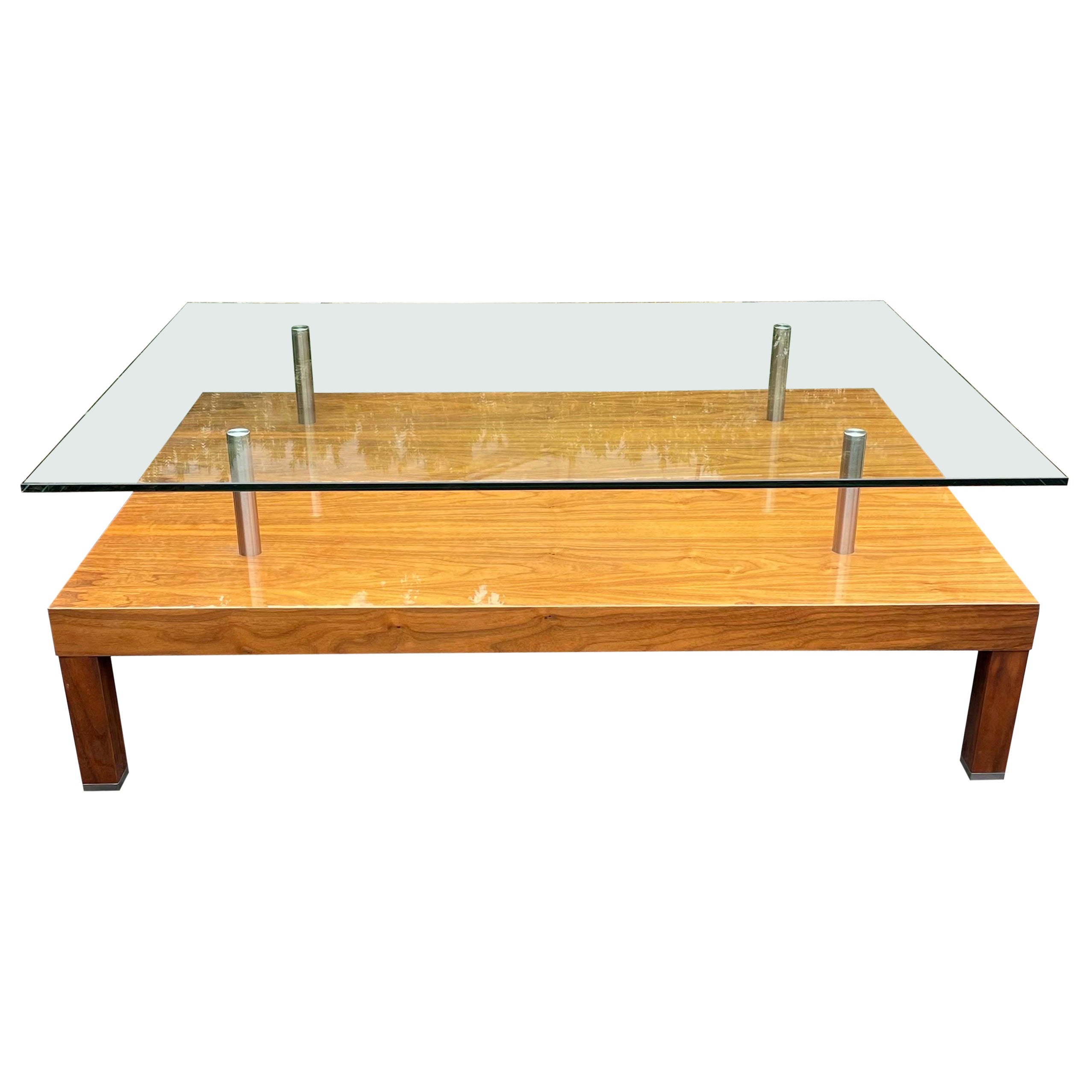 Coffee Table Two-Tiered Wood and Glass Rectangular In The Style of Karl Springer