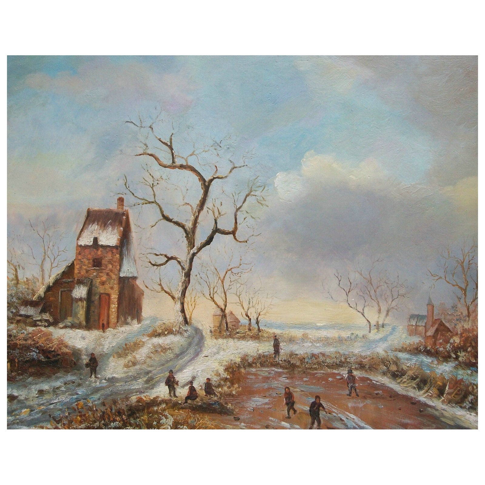 Vintage Continental Winter Landscape Painting - Unsigned - Mid 20th Century For Sale