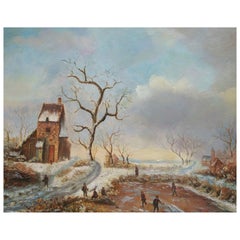 Retro Continental Winter Landscape Painting - Unsigned - Mid 20th Century