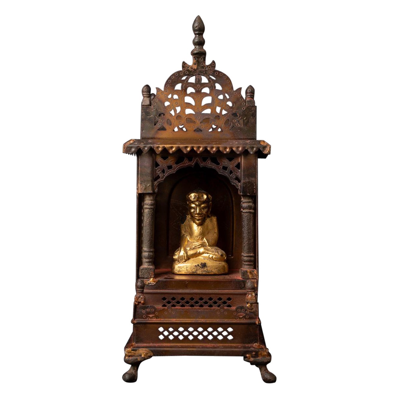 19th Century Old metal temple with antique wooden Buddha statue from Nepal For Sale